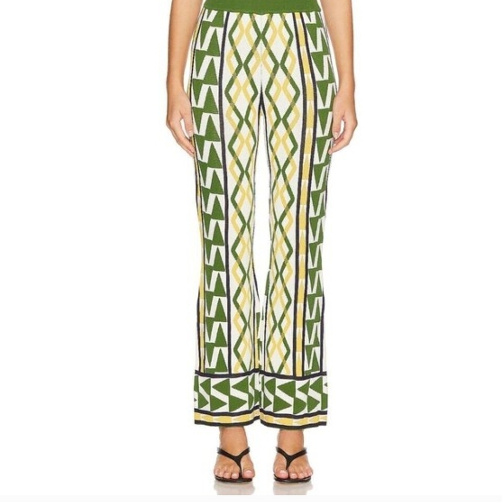 Misa Los Angeles Green & Cream Geometric Wide-Leg Pants